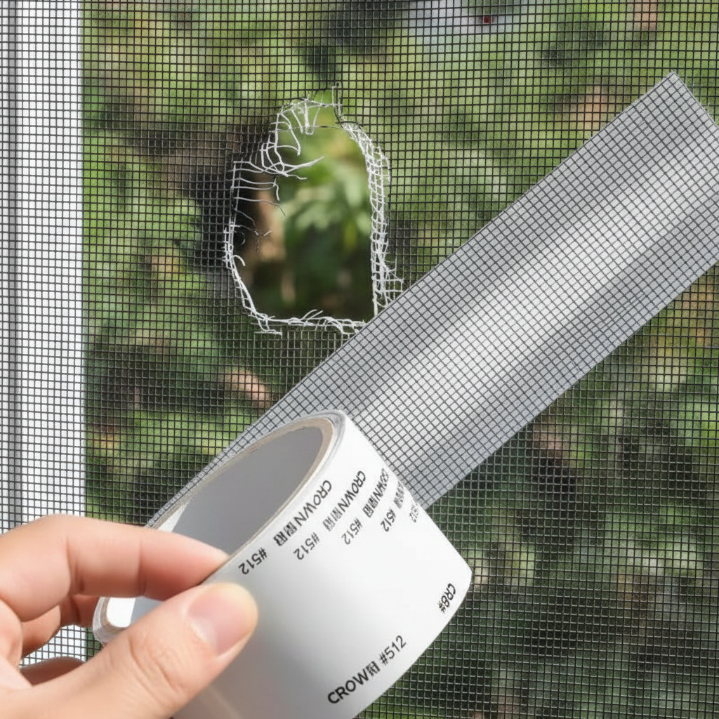 Hand applying window screen repair tape to patch a hole in a window mesh with natural daylight
