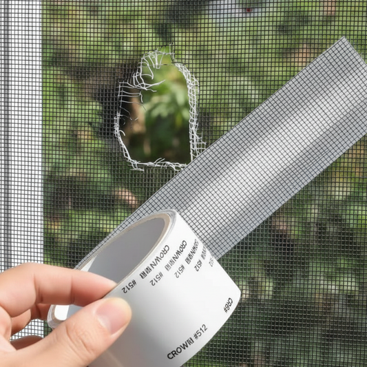 Hand applying window screen repair tape to patch a hole in a window mesh with natural daylight