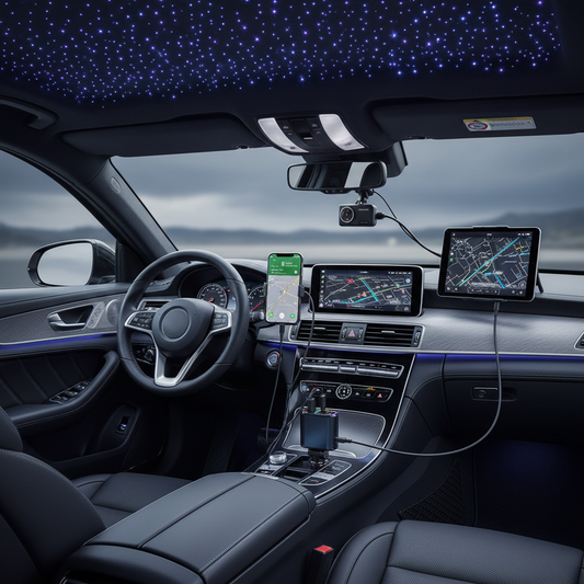 C6 4-in-1 car charger plugged into car dashboard charging multiple devices with star light display glowing