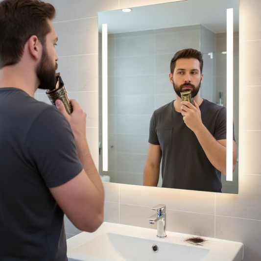 Man trimming his beard with Vintage T9 professional trimmer in front of a bathroom mirror