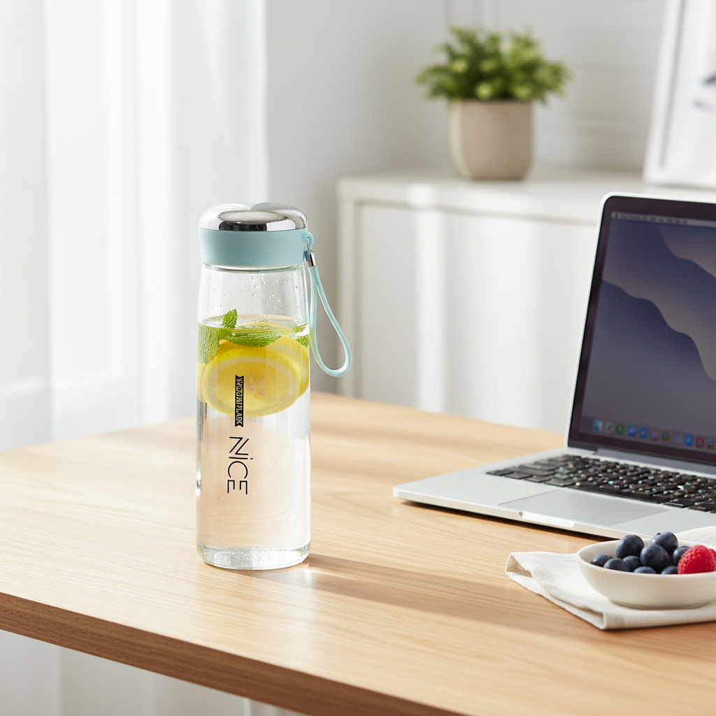 400ml BPA free glass water bottle with lemon slices on a wooden desk next to a laptop