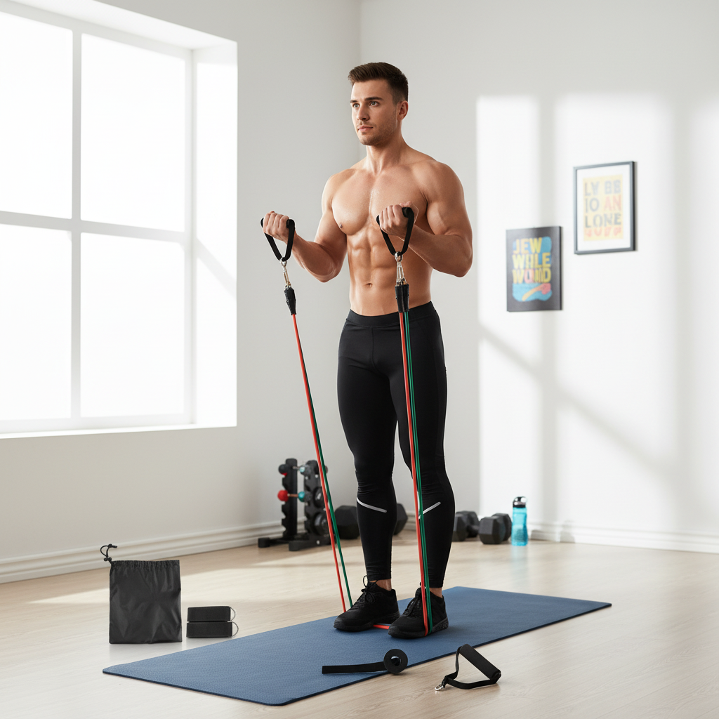 Person using resistance bands during a home workout on a yoga mat