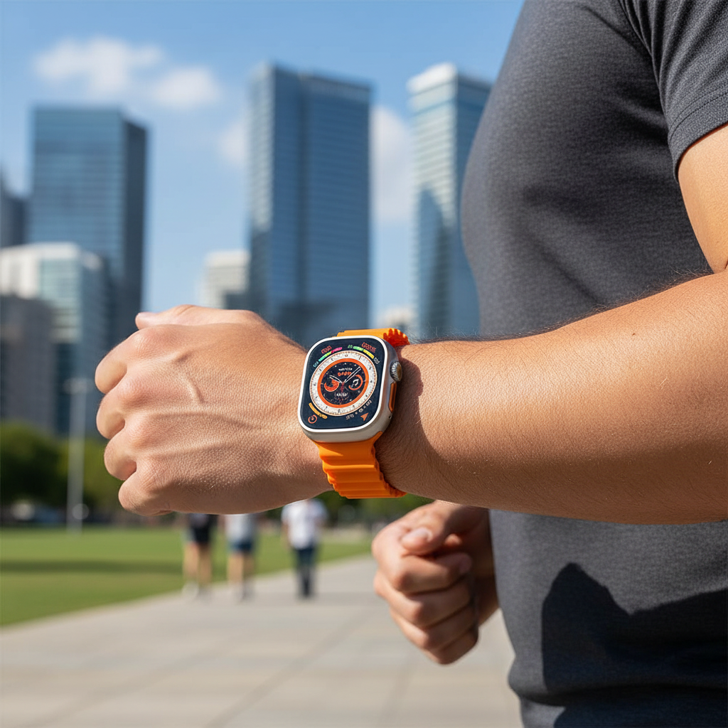 T800 Ultra Smart Watch worn on a man's wrist outdoors with a city background
