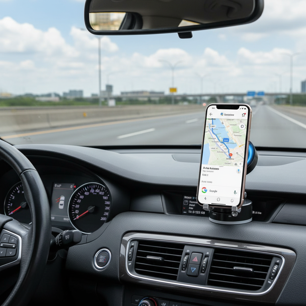 Vacuum magnetic phone stand mounted on car dashboard holding smartphone showing Google Maps navigation