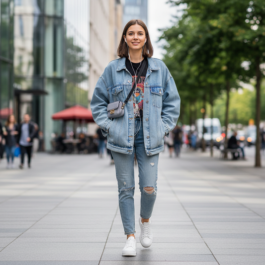Young person wearing white pop-up window Bluetooth earbuds while walking outdoors in a city