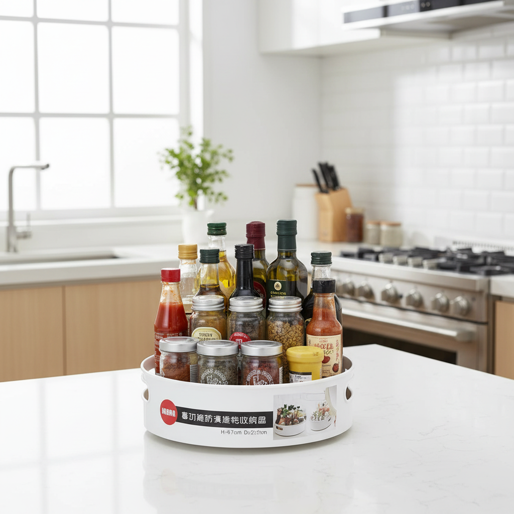 White rotating storage box on a kitchen counter neatly organized with spices, oils and condiments