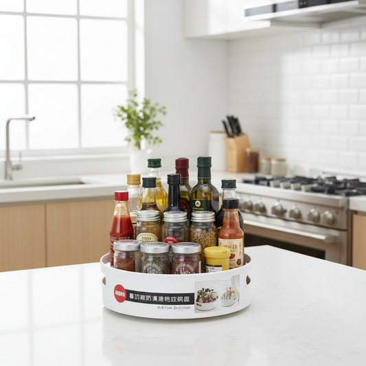 White rotating storage box on a kitchen counter neatly organized with spices, oils and condiments