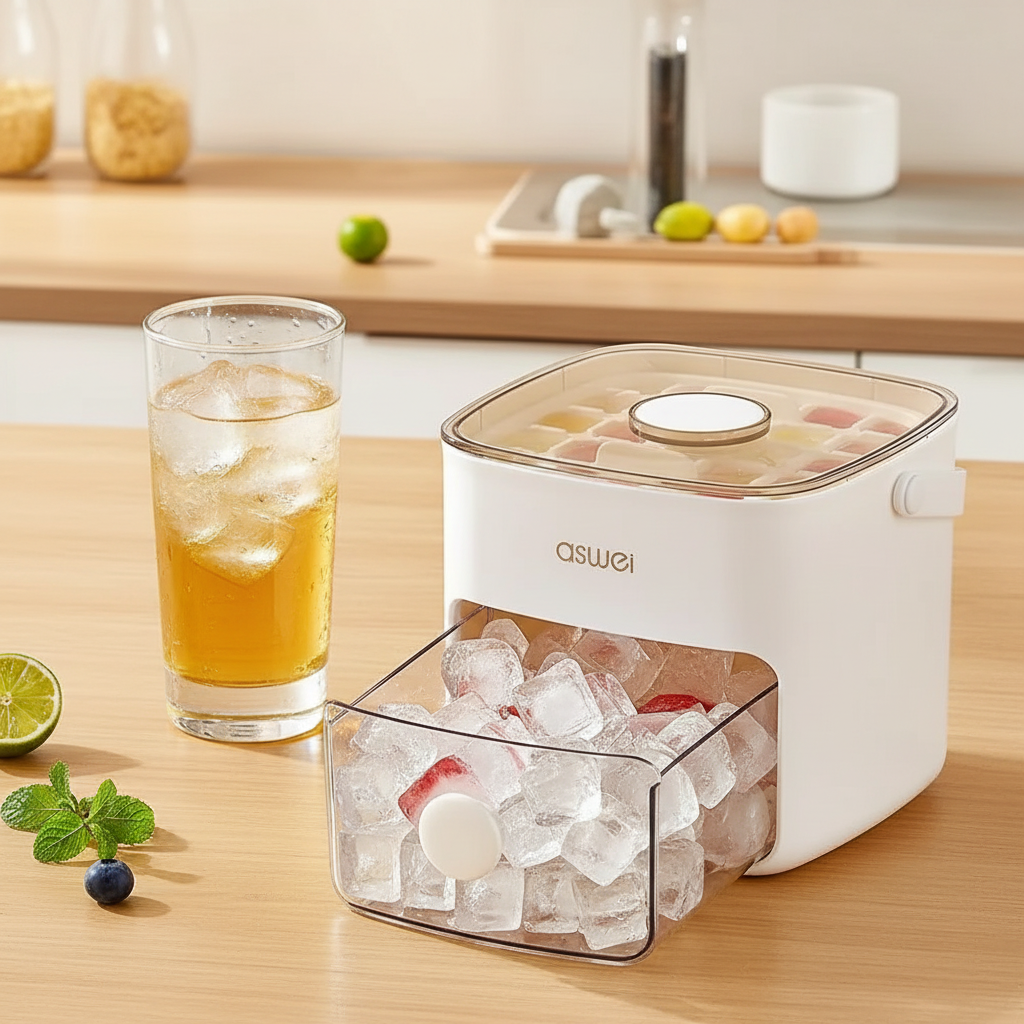 Double layer ice cube tray with fresh ice cubes next to a cold summer drink on a kitchen counter