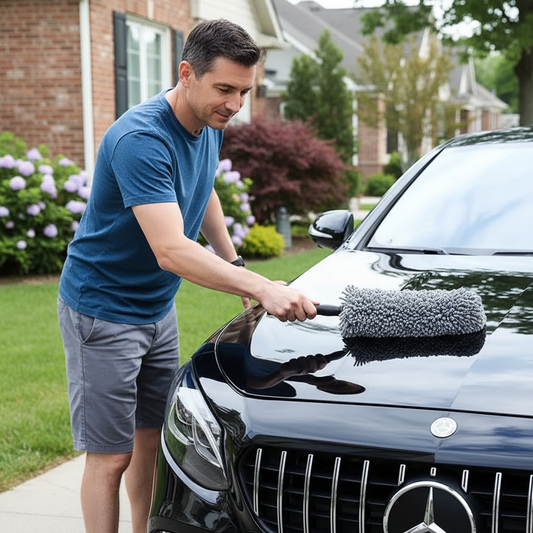 Man using microfiber car duster to clean the exterior of a shiny black car in a driveway