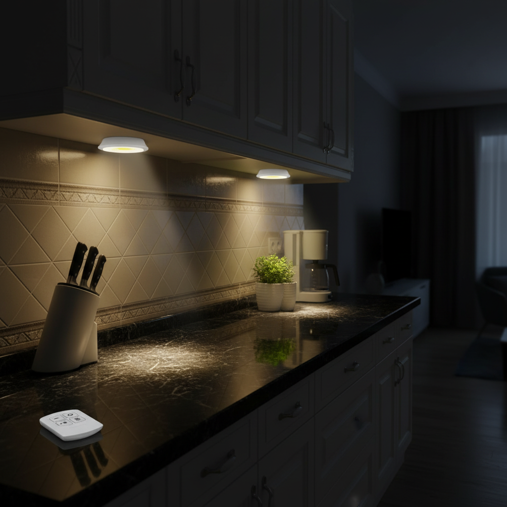 LED remote control shelf lights installed under kitchen cabinets illuminating a modern kitchen counter at night