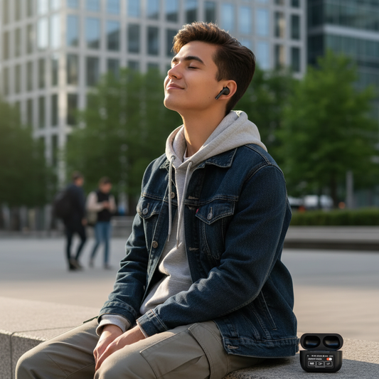 Young person wearing A9 Pro wireless earbuds listening to music in a modern urban setting
