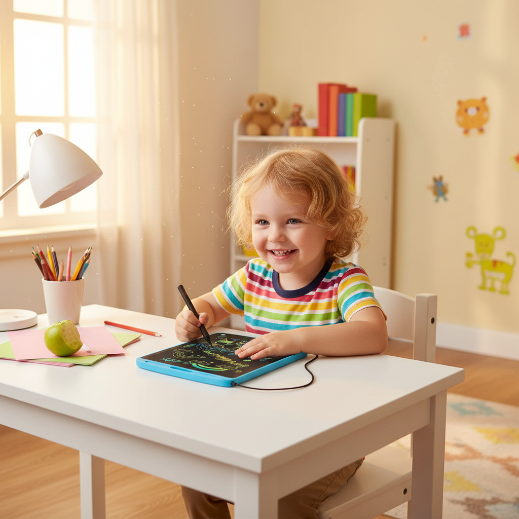 Young child happily drawing on 8.5-inch LCD writing tablet at a home study desk