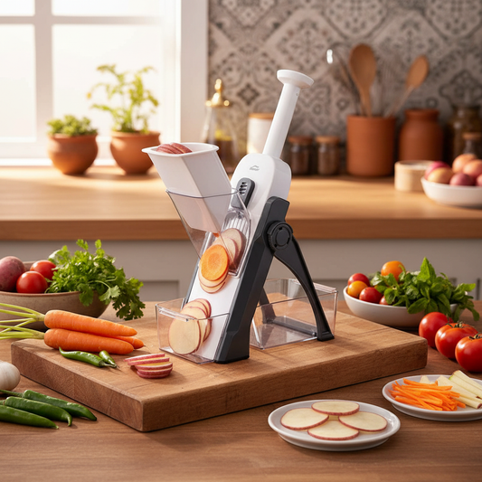 10-in-1 vegetable cutter slicing potatoes and carrots on a wooden chopping board in a Pakistani kitchen