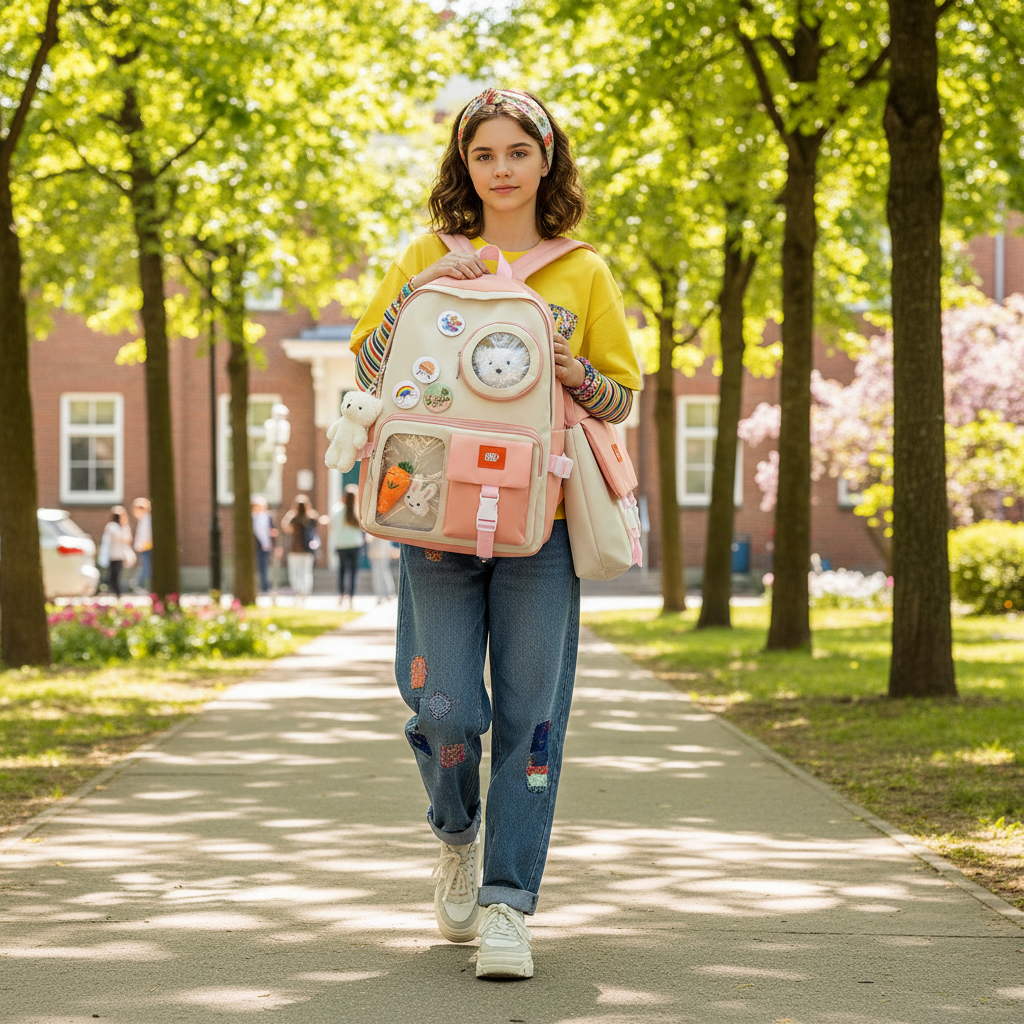 Teenage girl carrying waterproof school backpack set walking to school on a bright sunny day