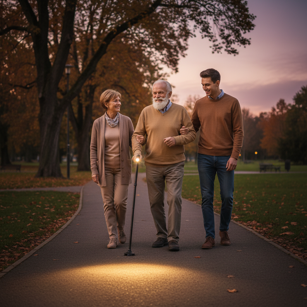 Elderly man walking confidently in a park at dusk using LED walking cane with glowing light
