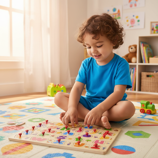 Young child playing with Montessori wooden puzzle board on a colorful play mat in a bright kids room