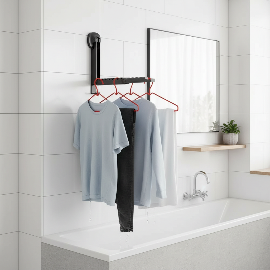 Folding wall-mounted clothes drying rack installed in a bathroom with freshly washed clothes hanging