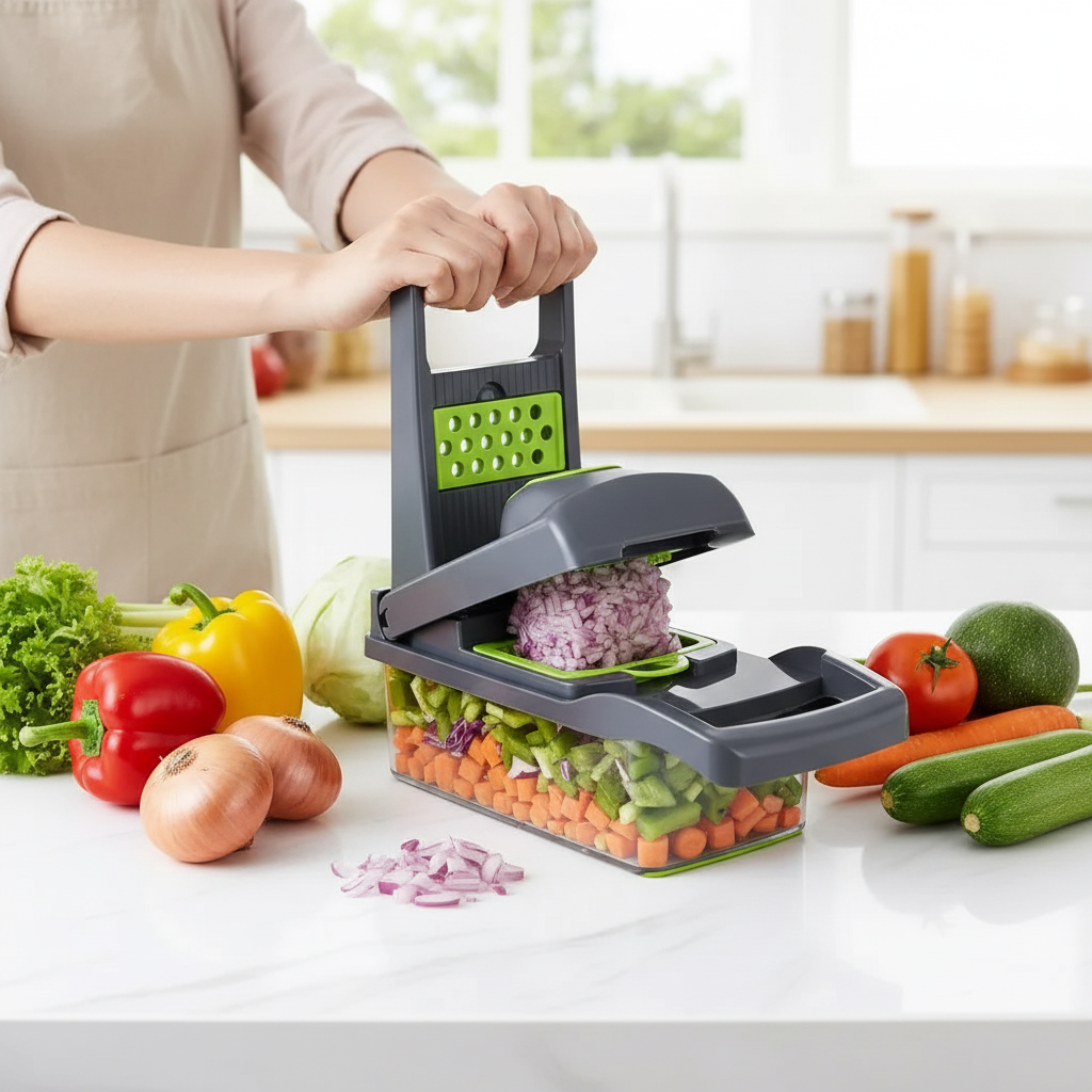 16-in-1 vegetable chopper being used to chop onions with chopped vegetables in the container