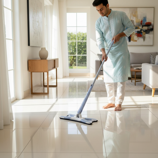 Person using XMOP floor mop to clean shiny tiled floors in a bright modern Pakistani home