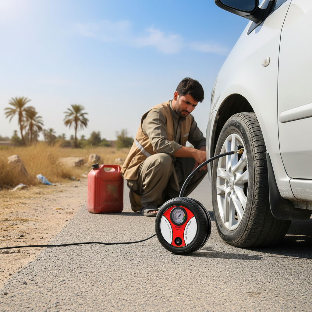 Portable car air pump being used to inflate a flat tyre on a roadside in Pakistan