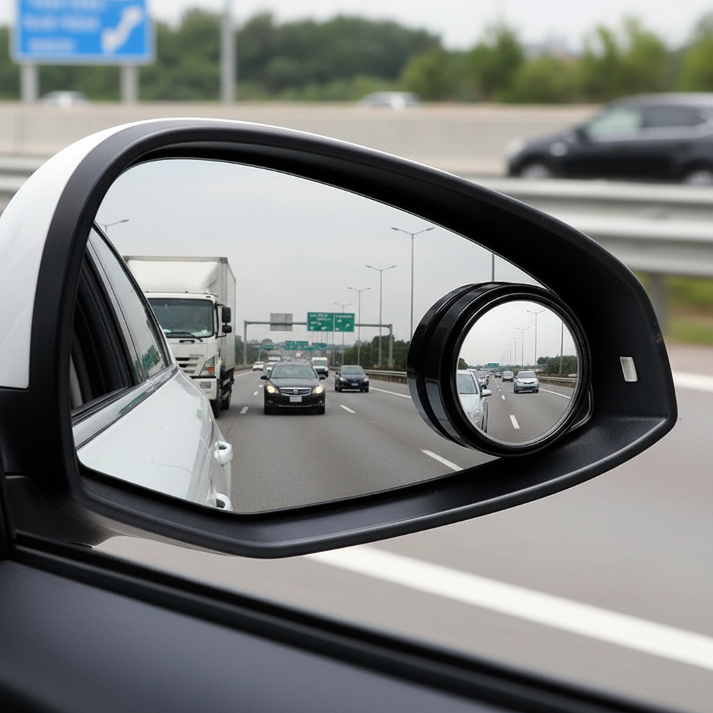 Blindspot rearview convex mirror attached to car side mirror showing wide angle view on a busy road