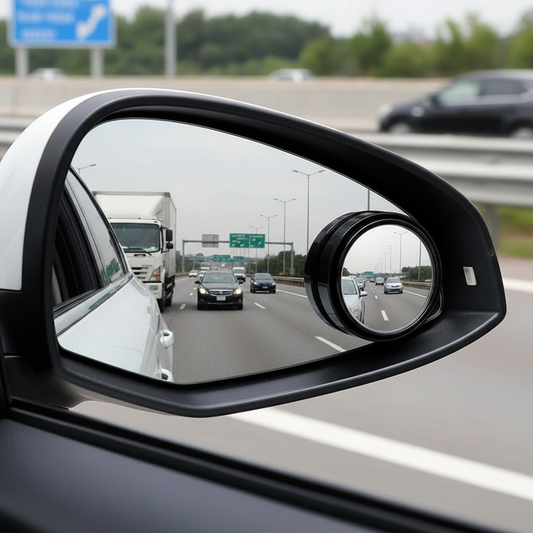 Blindspot rearview convex mirror attached to car side mirror showing wide angle view on a busy road
