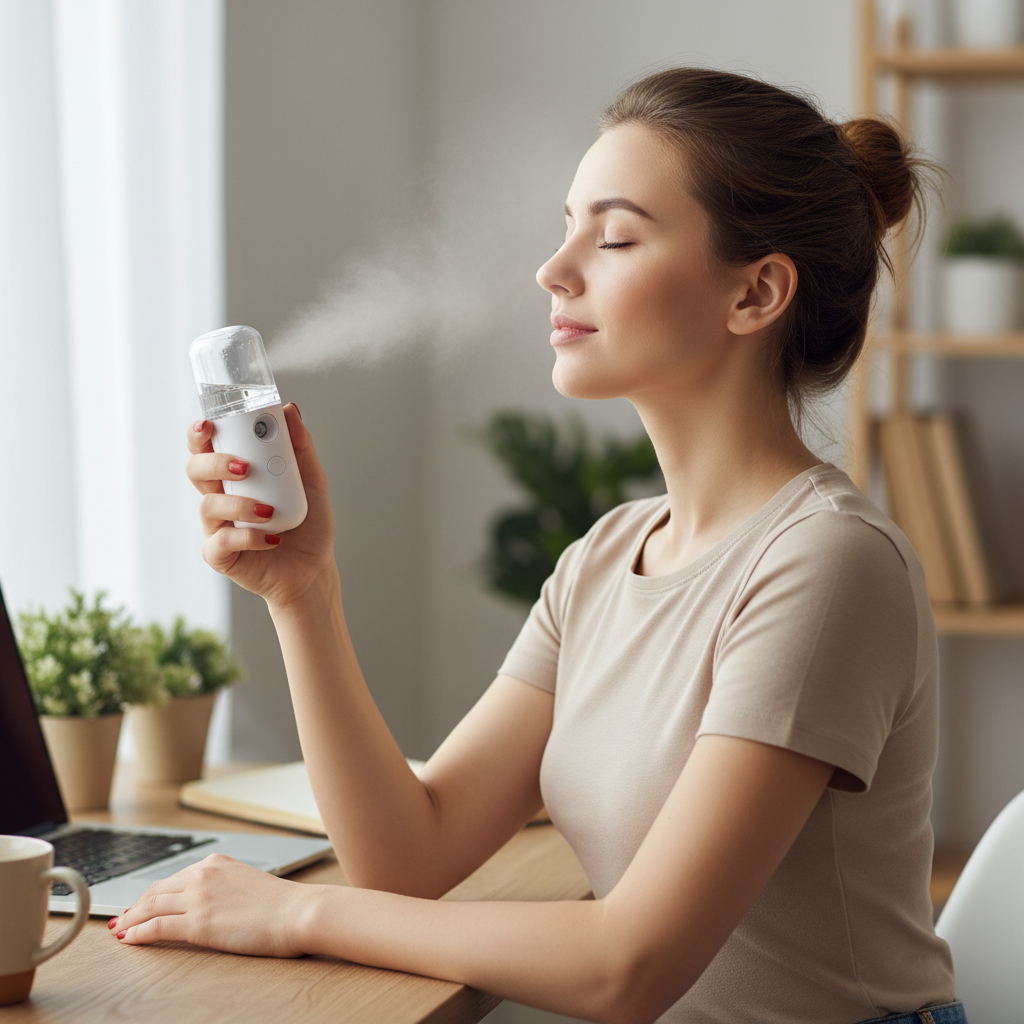 Woman misting her face with USB rechargeable facial mist sprayer for hydration at a desk
