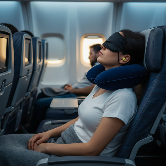 Person relaxing on an airplane seat using 3-in-1 travel combo kit with neck pillow, eye mask and ear plugs