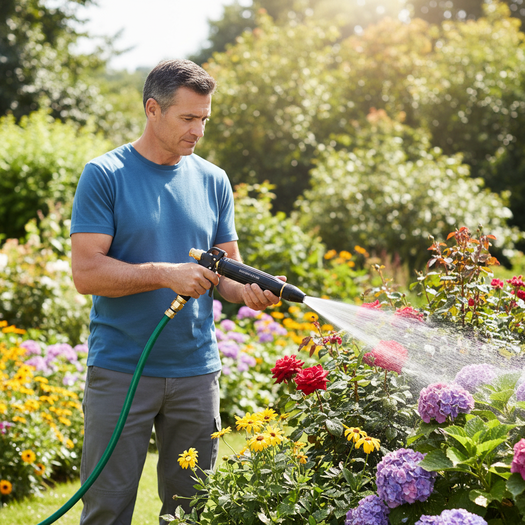 Man using heavy-duty brass water spray gun to water plants in a lush green garden