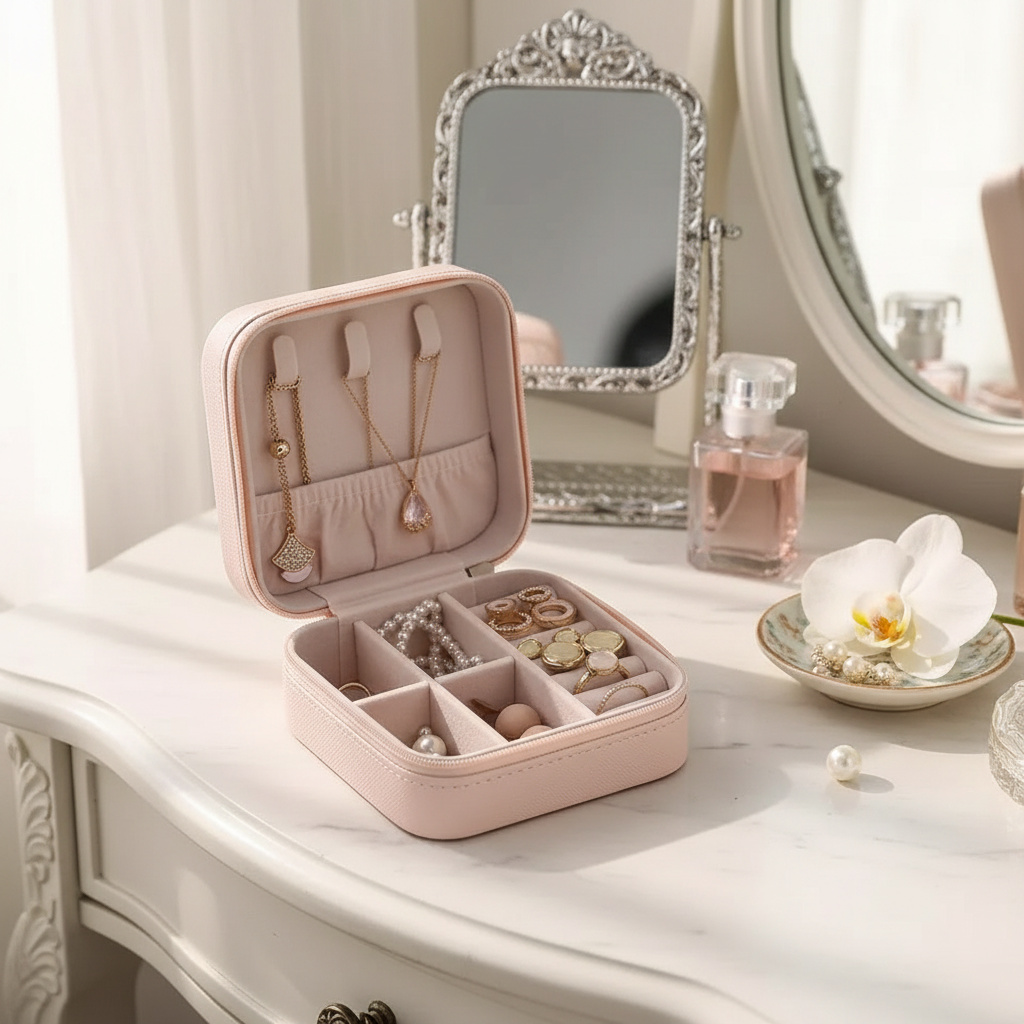 Leather jewelry travel case open on a dressing table with necklaces, rings and earrings organized inside