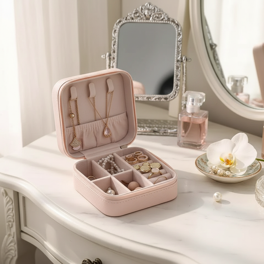 Leather jewelry travel case open on a dressing table with necklaces, rings and earrings organized inside