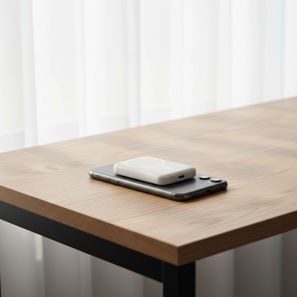 MagSafe portable charger magnetically attached to iPhone on a modern minimalist desk