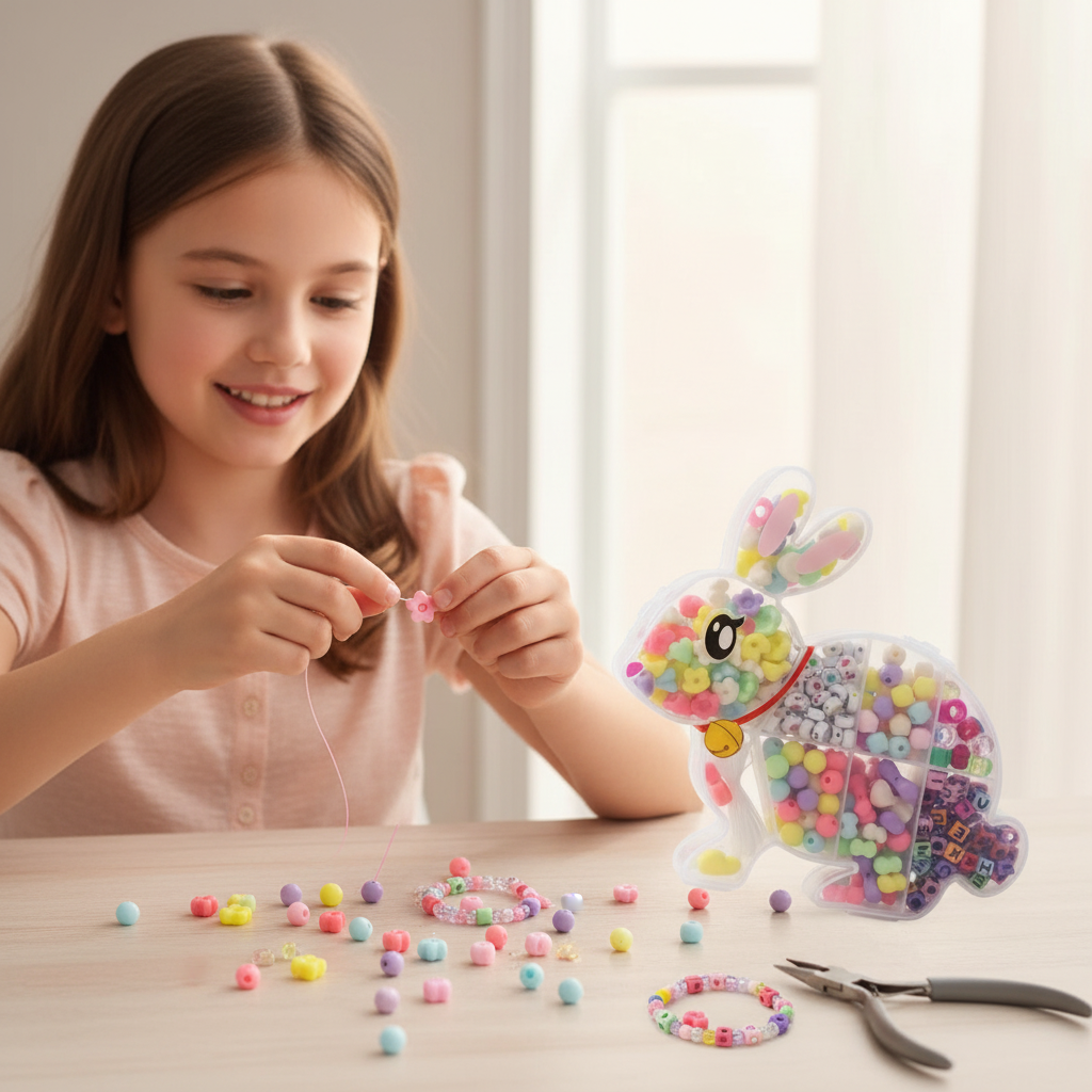 Young girl making a bracelet with bunny shaped DIY beads set on a wooden table