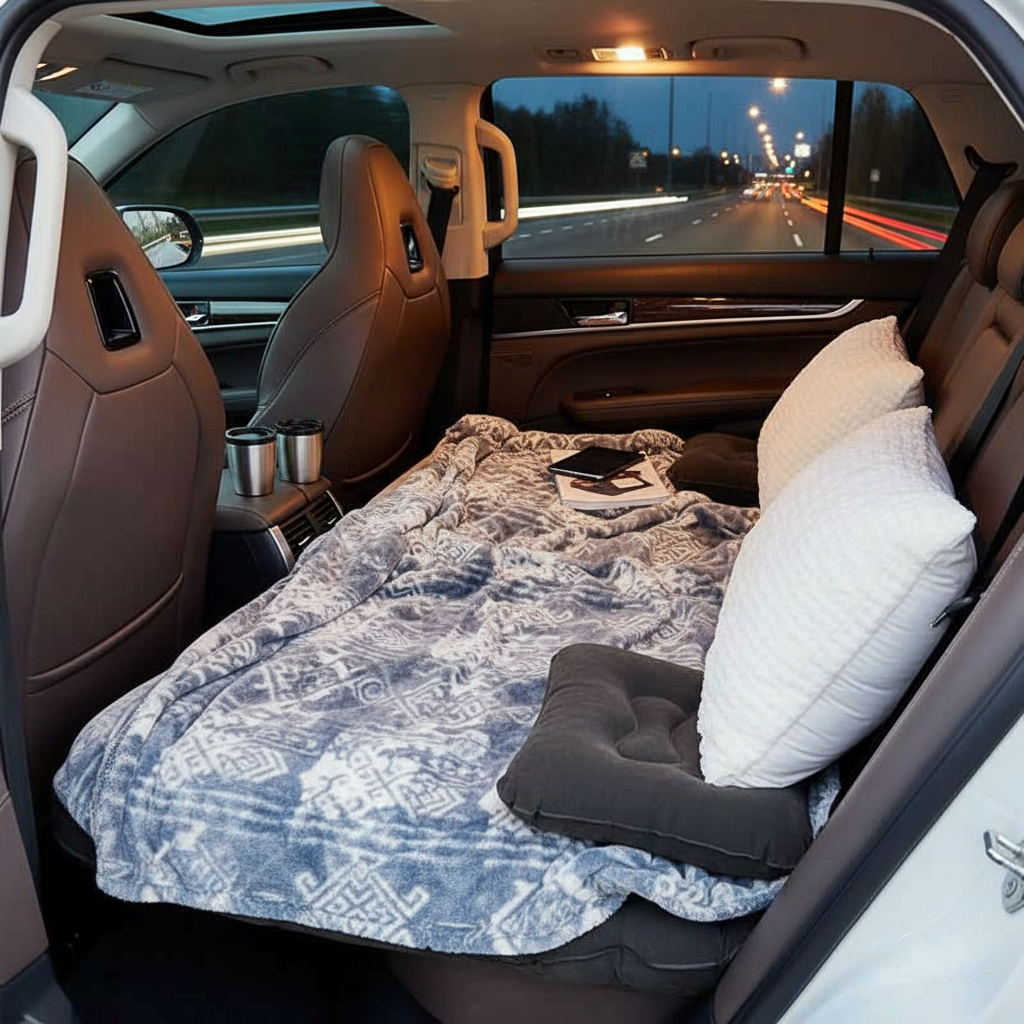 Car back seat air mattress inflated in an SUV with cozy pillows and blanket for a road trip