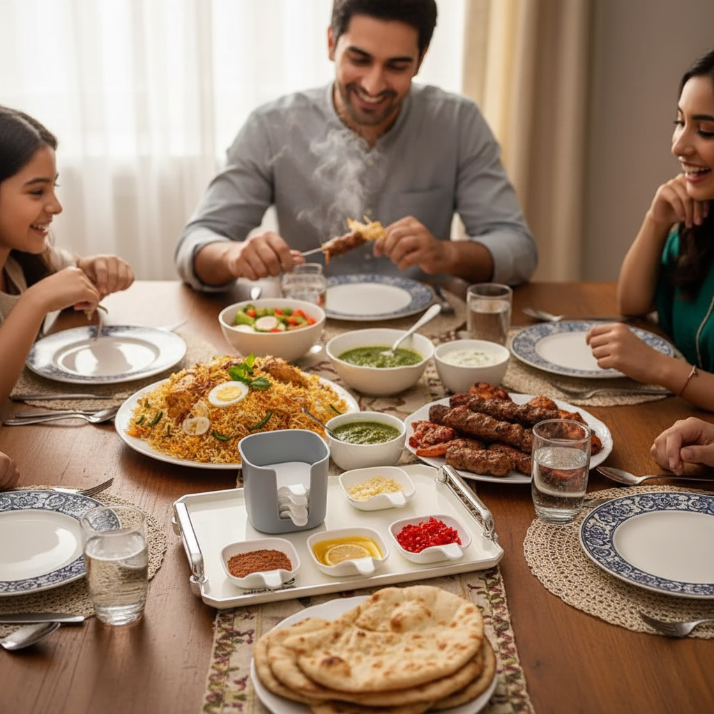 7-piece sauce dish set on a Pakistani family dining table with biryani, kebabs and chutneys