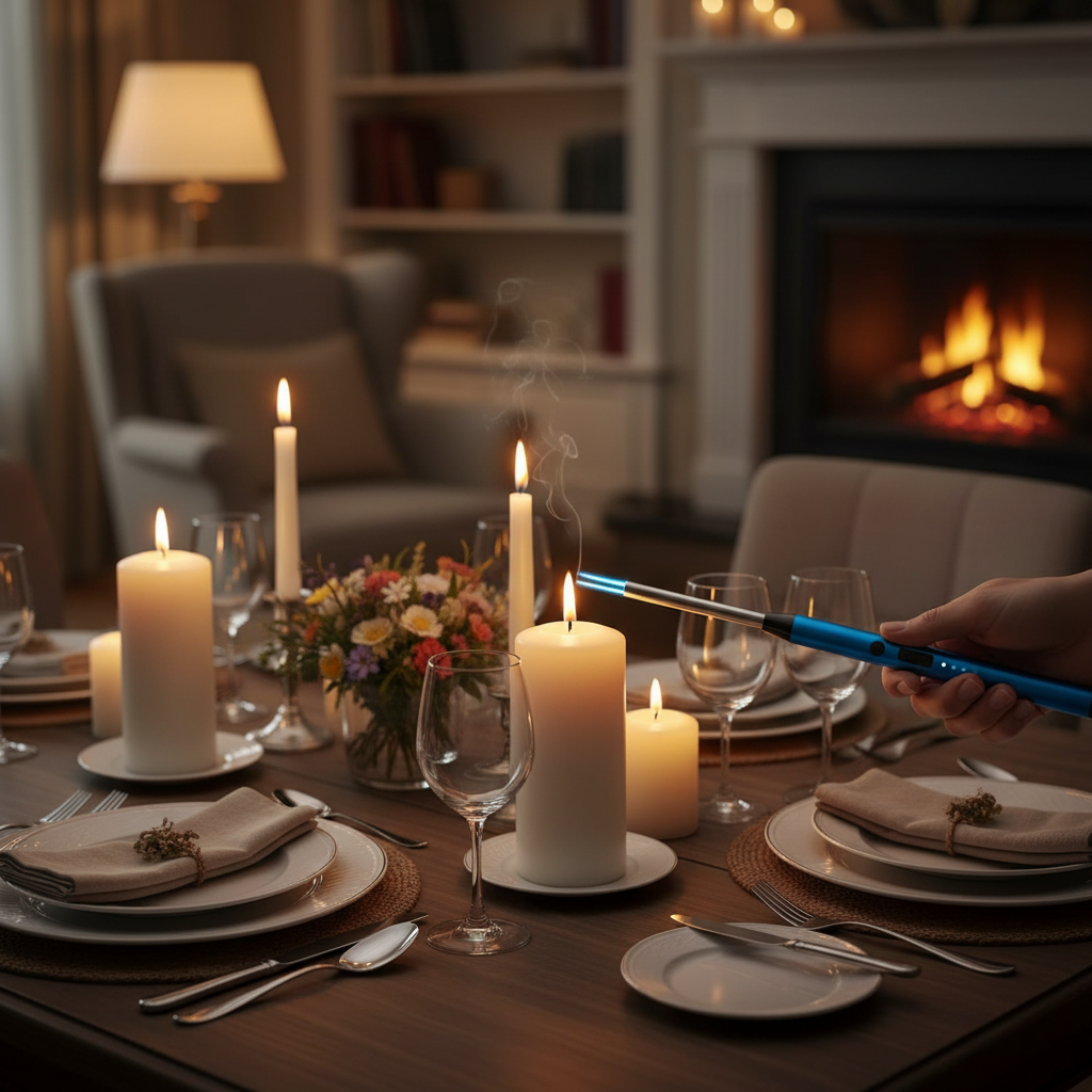 Electric arc plasma lighter lighting a candle on a dinner table in a cozy home setting