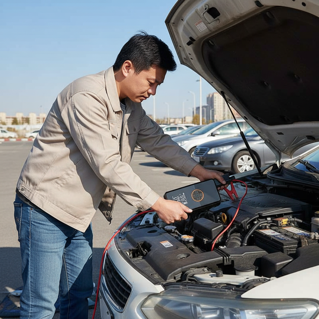 8000mAh car jump starter power bank being used to jump start a car engine in a parking lot