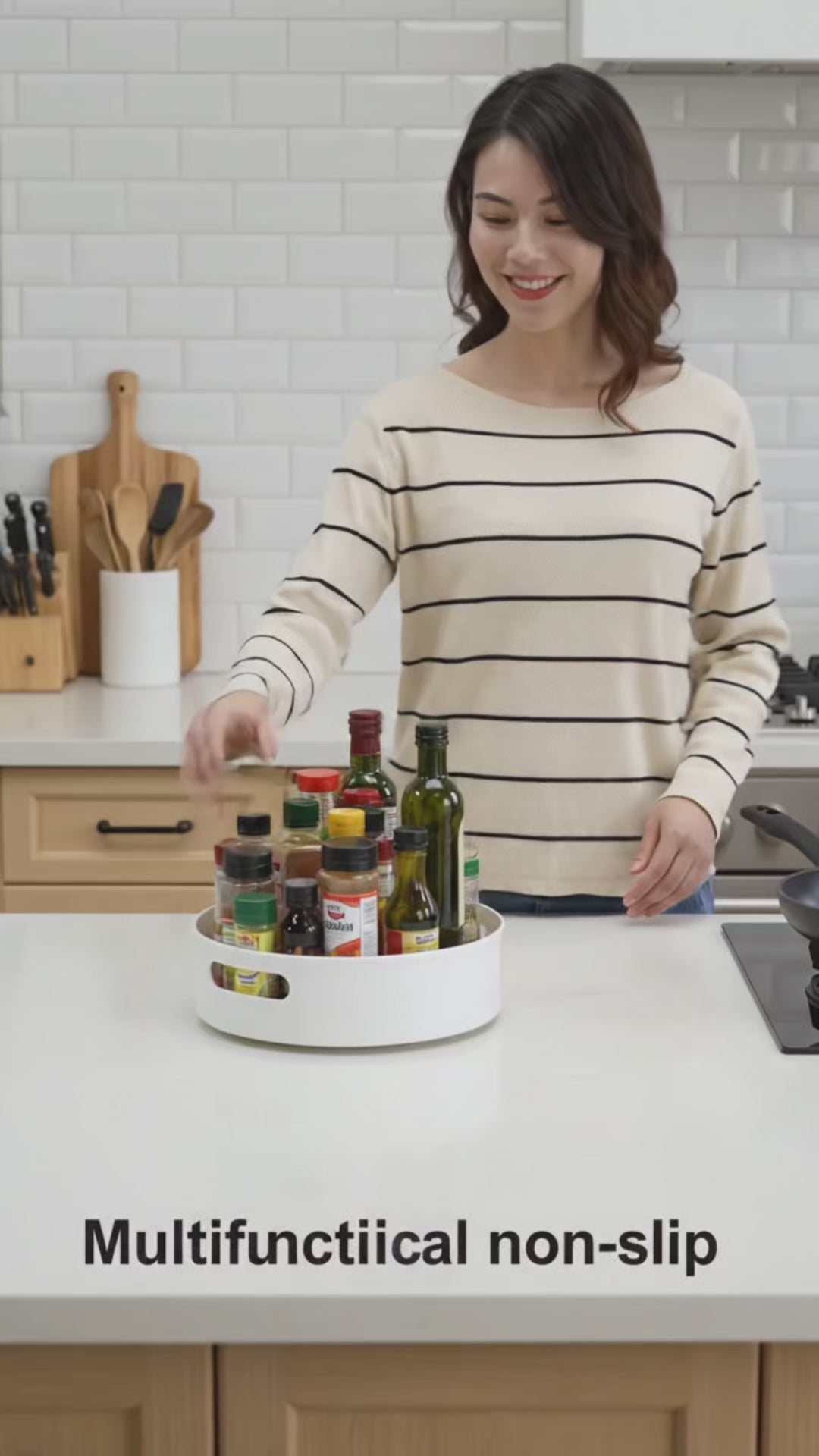 Video showing rotating kitchen and dining table storage box organizer with open handle in use