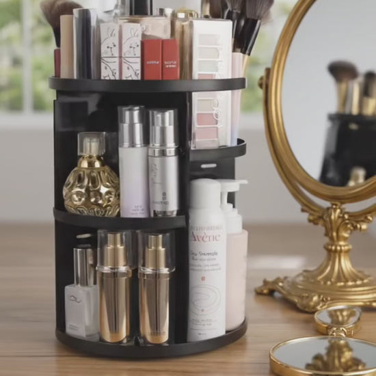 Video demonstrating large capacity 360° rotating black cosmetic organizer with adjustable compartments