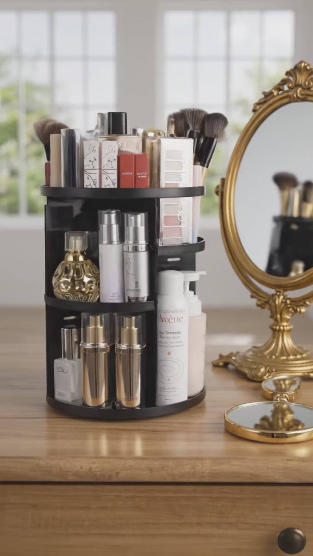 Video demonstrating large capacity 360° rotating black cosmetic organizer with adjustable compartments