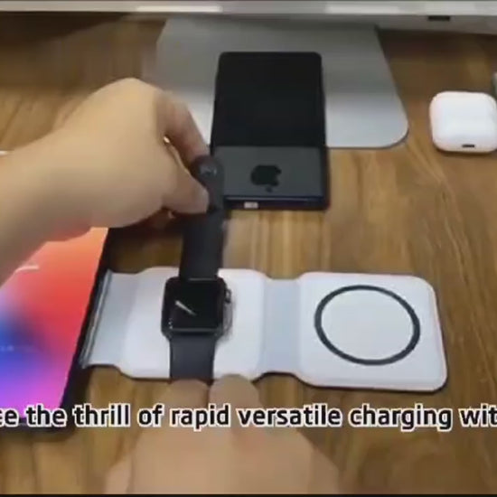 Video demonstrating 3-in-1 magnetic foldable 15W wireless charging station for iPhone, AirPods and smartwatch