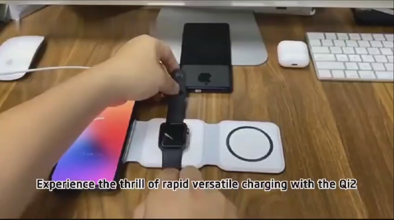 Video demonstrating 3-in-1 magnetic foldable 15W wireless charging station for iPhone, AirPods and smartwatch