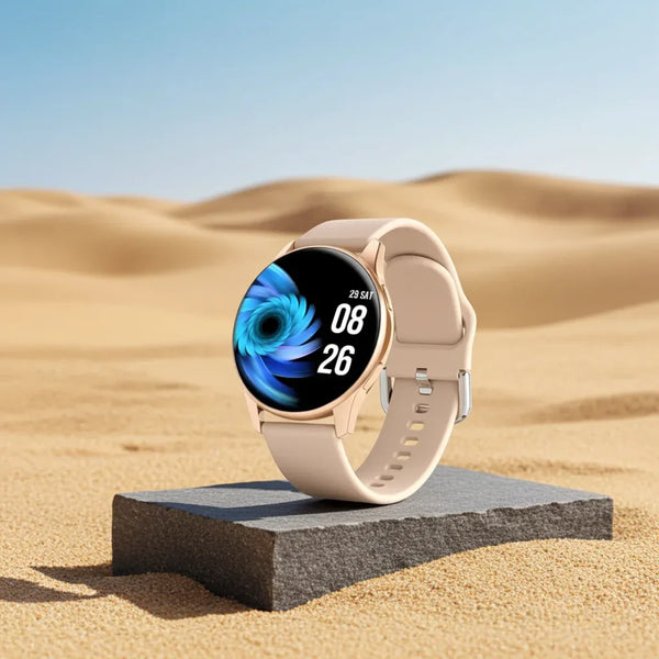 Smartwatch on a stand with desert landscape in the background