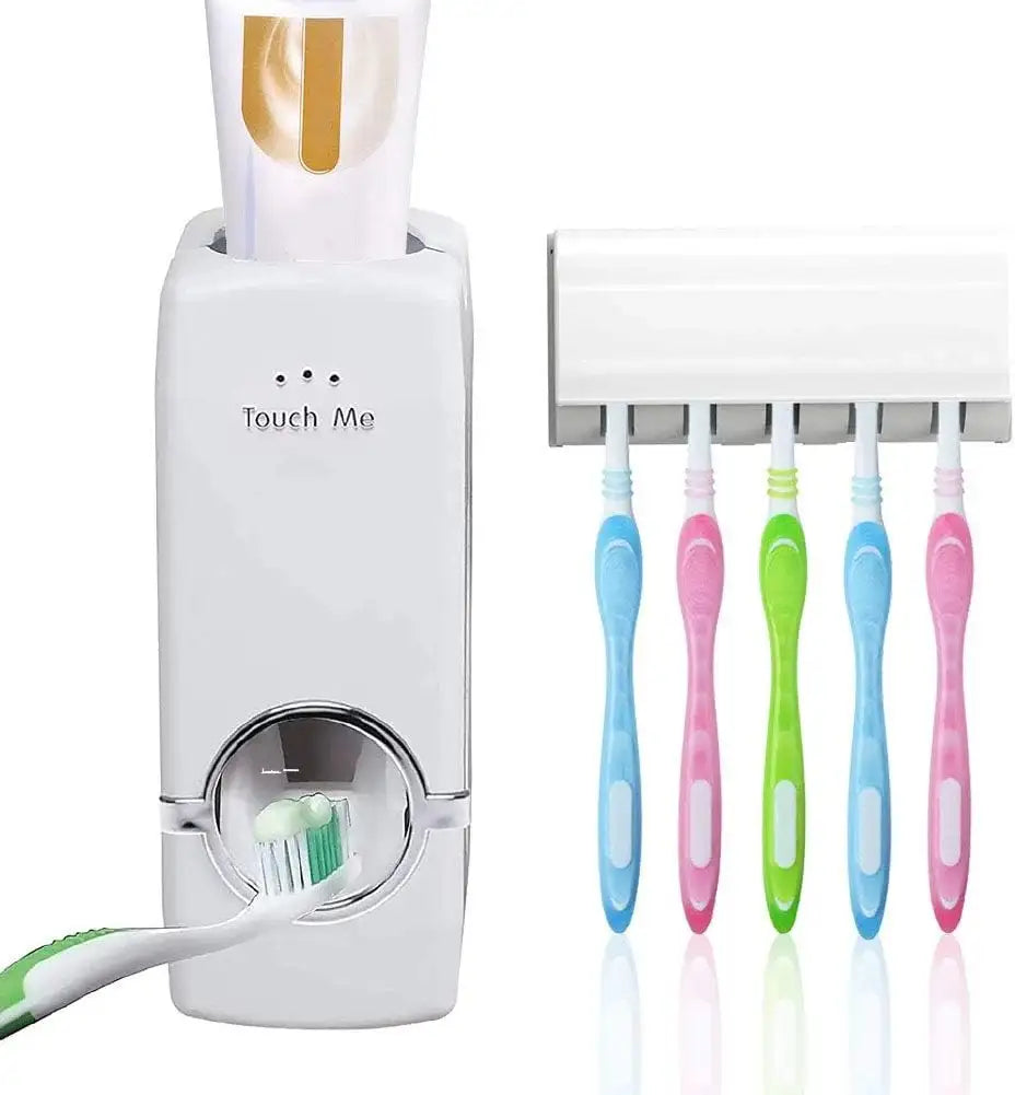 Toothbrush holder with a toothbrush and six colorful toothbrushes on a white background