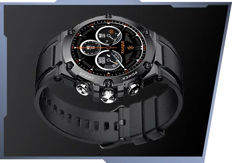 Black smartwatch with detailed face on a dark background