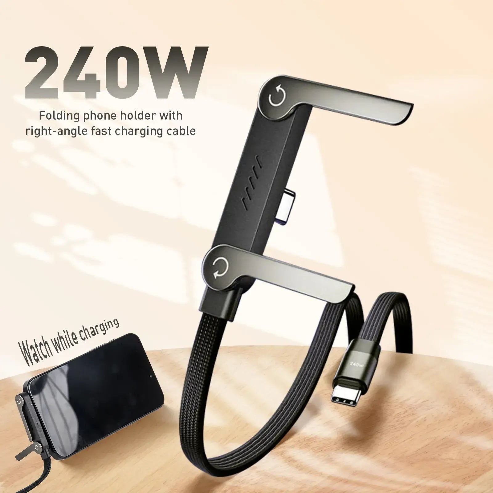 Folding phone holder with right-angle fast charging cable on a wooden surface