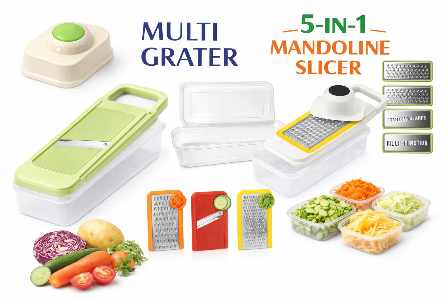 Multi-grater and mandoline slicer with vegetables and accessories on a white background