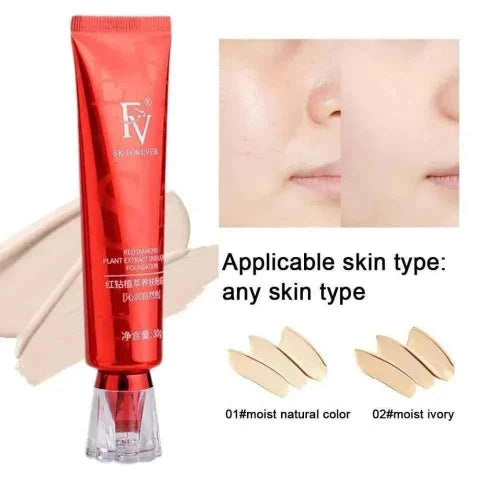 Red skincare tube with a close-up of skin and color swatches on a white background