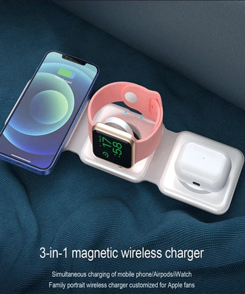 3-in-1 magnetic wireless charger with phone, watch, and airpods on a blue fabric background
