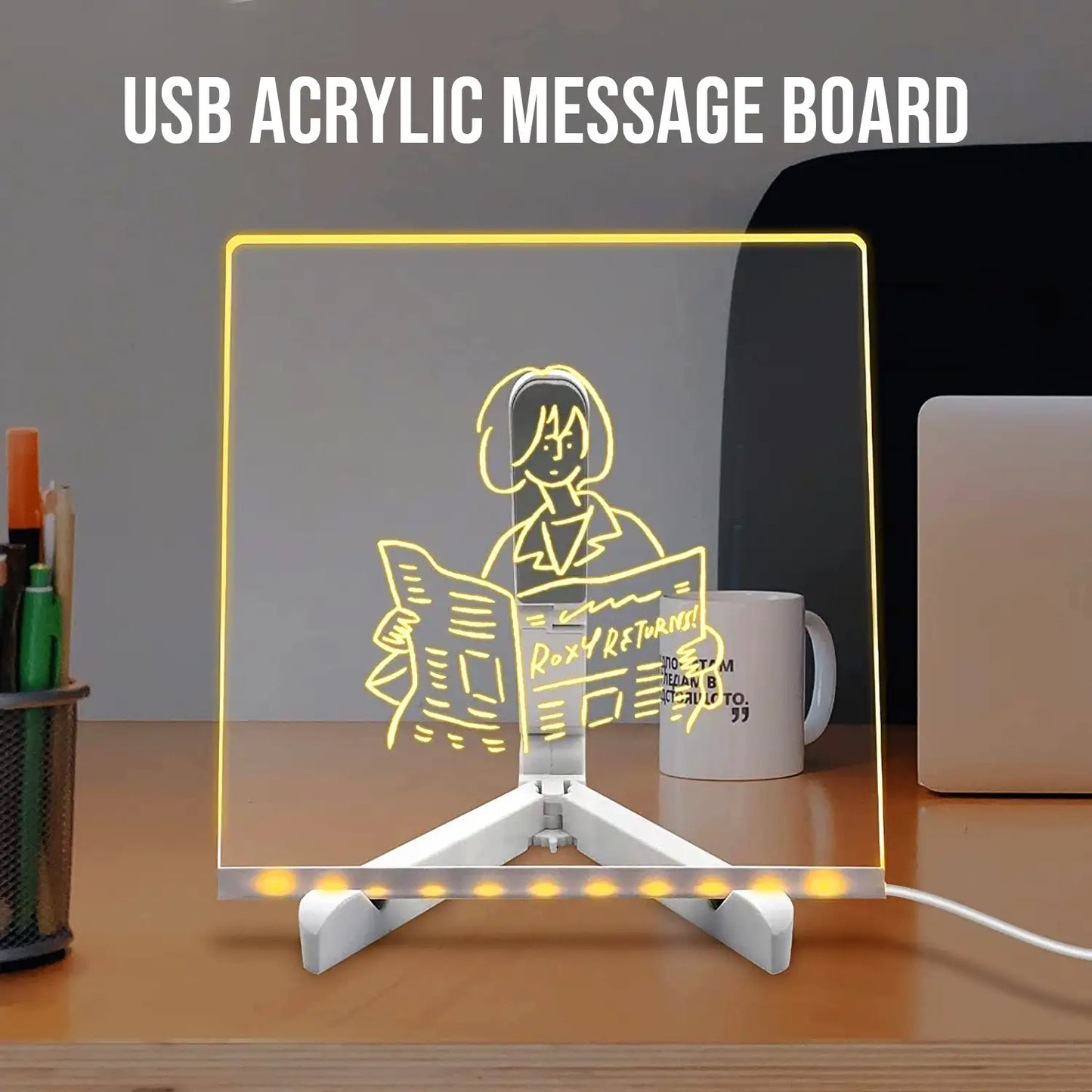 USB acrylic message board with a person reading a newspaper design on a desk.